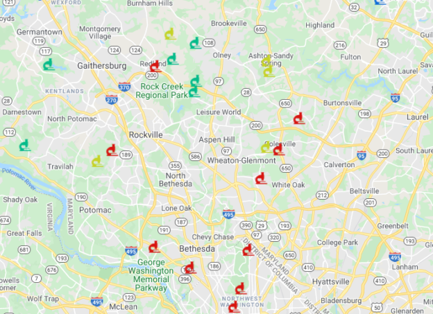 Map centered on Montgomery County and northern Washington, DC, identifying Nature Forward’s benthic macro invertebrate water quality monitoring sites by colored microscope icons.