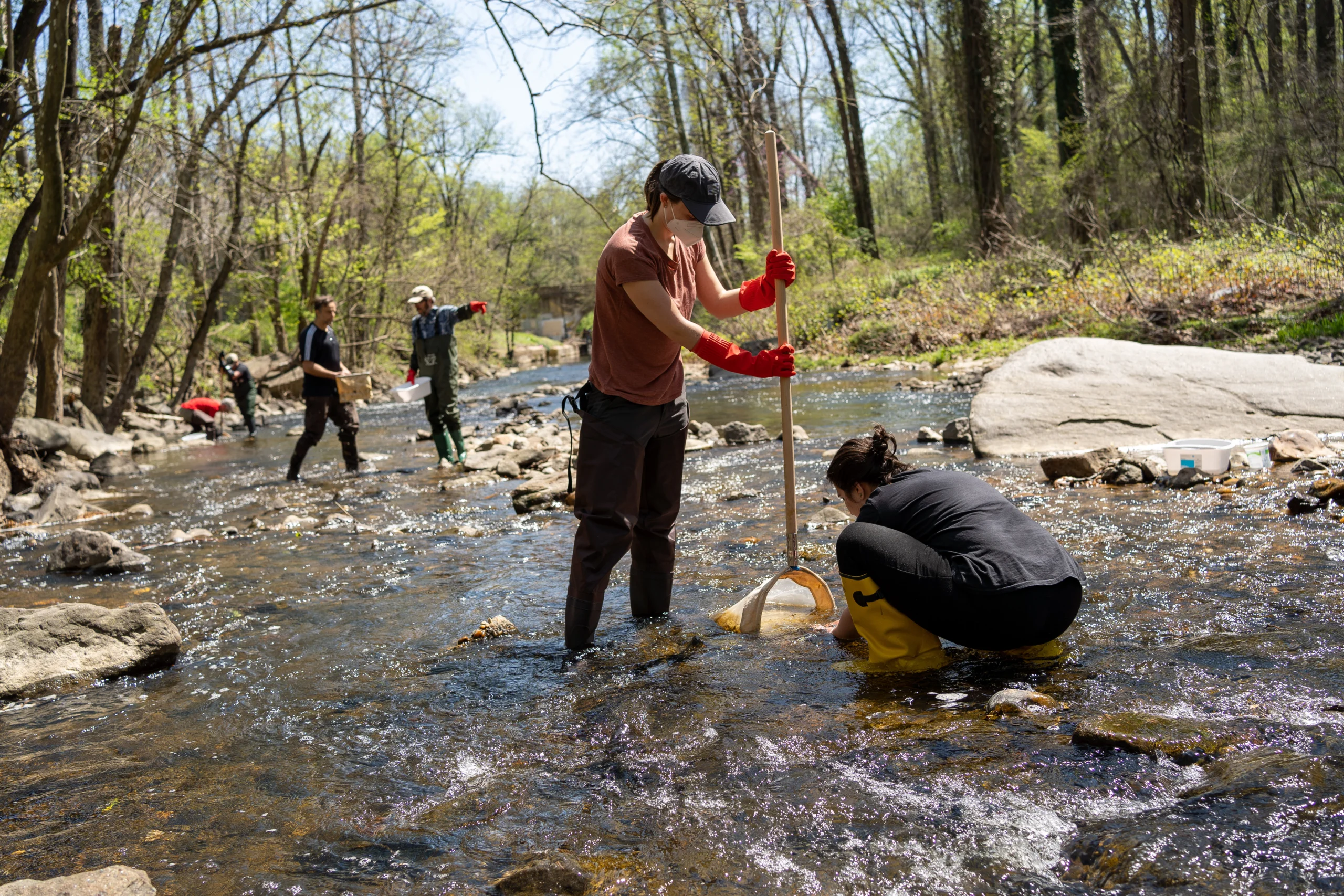 Two women monitor a stream for benthic macroinvertebrates. One is standing and holding a net. The other is kneeling and rubbing rocks in front of the net. Both are wearing big yellow boots.