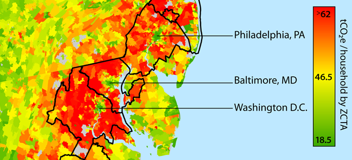 A map showing the East Coast major statistical areas, colored by carbon emission intensity of each zip code. Washington, DC, Baltimore, MD, and Philadelphia, PA are shown as green (low-carbon-intensity) dots surrounded by red (high-emission-intensity) zip codes in their suburban commuting regions.