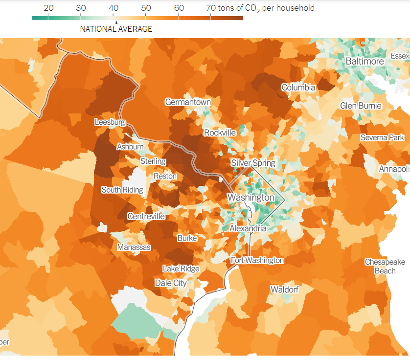 A 2022 map showing the East Coast major statistical areas, colored by carbon emission intensity of each zip code. Washington, DC, and Baltimore, MD are shown as pale green (low-carbon-intensity) dots surrounded by orange and red (high-emission-intensity) zip codes in their suburban commuting regions.