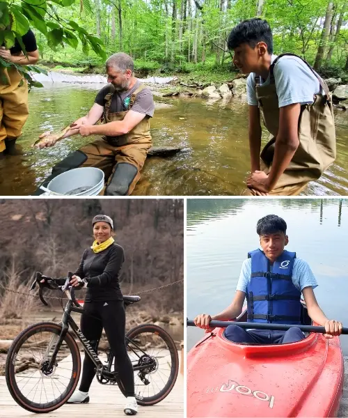 Images of men working in a stream; a woman on her bicycle; and a young man in a kayak.
