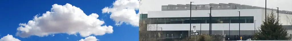 Two images side by side: On the right, white fluffy clouds in a bright blue sky, and on the left, a huge windowless stark data center building, which is often also called "the cloud".