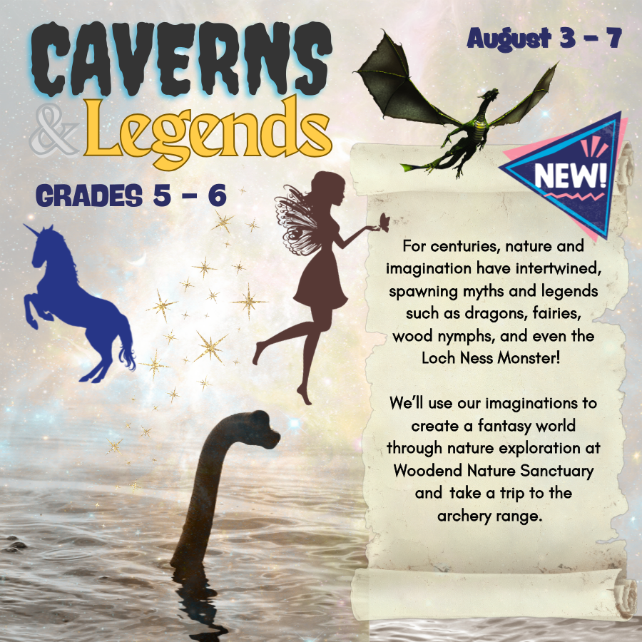 For centuries, nature and imagination have intertwined, spawning myths and legends such as dragons, fairies, wood nymphs, and even the Loch Ness Monster! Roll some dice and use your imagination to create a fantasy world of your own through nature exploration at Woodend and a trip to the archery range.  This camp is for students in grades 5 and 6.